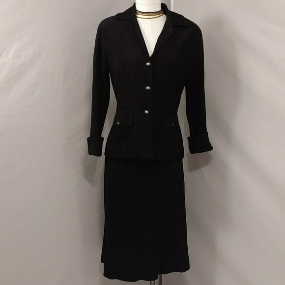 Vintage French Look Black Suit Bias Skirt Shoulder